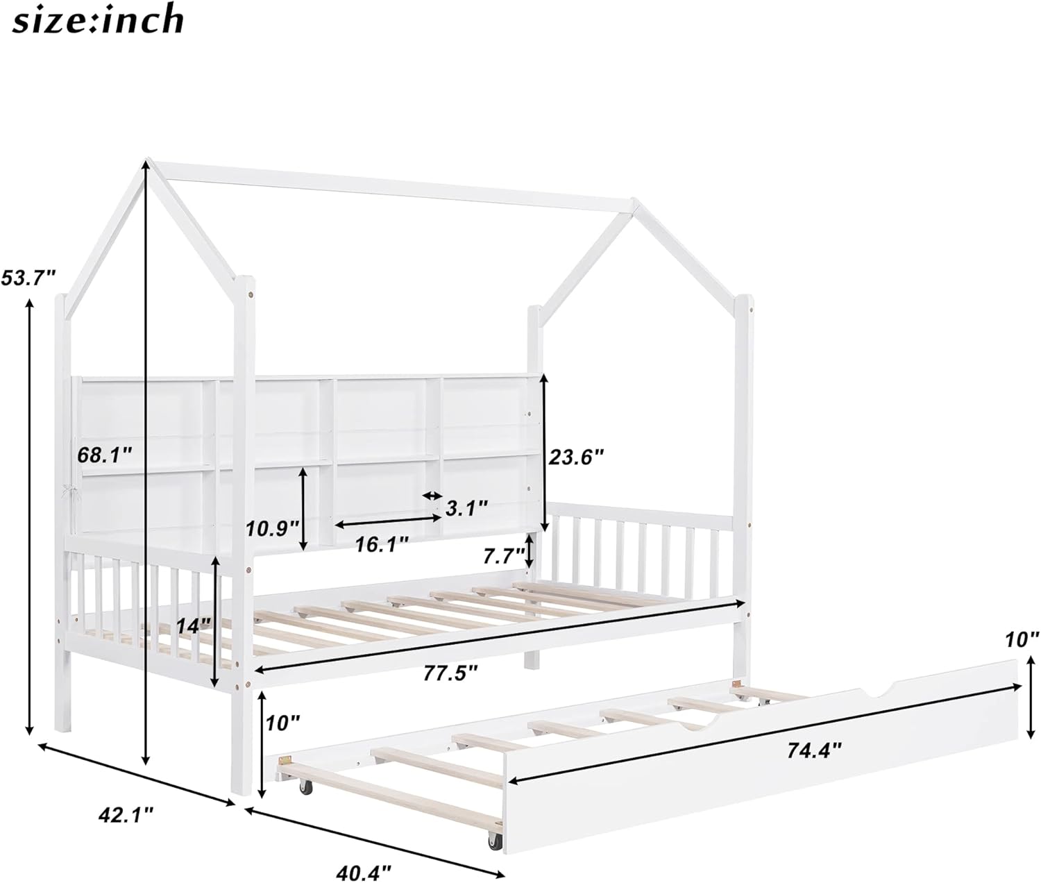 Merax Twin Size Platform Bed with Trundle, Wooden Twin Size House Bed Frame with Storage Shelf, No Box Springs Needed, White