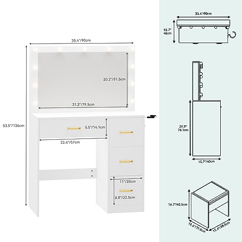 YITAHOME Vanity Desk with Mirror and Lights, Makeup Vanity Set with 11 Bulbs Light, Power Outlet, 4 Drawers and Vanity Stool