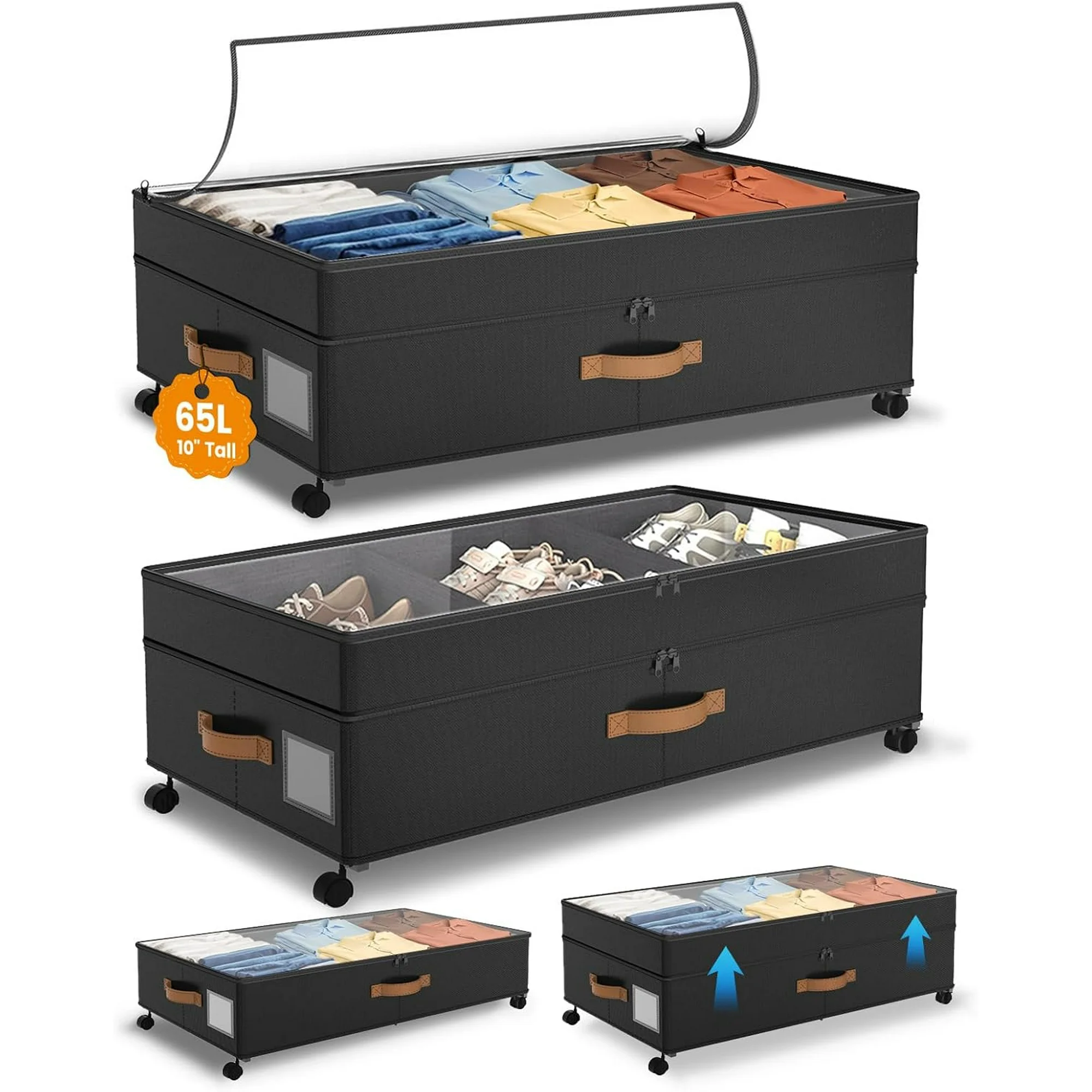 4 Pack Under Bed Storage with Wheels, Adjustable Height Storage Containers, 10 inches Large Capacity Rolling Underbed with Lids, Storage Drawers Shoes, Clothes, Blankets, Black