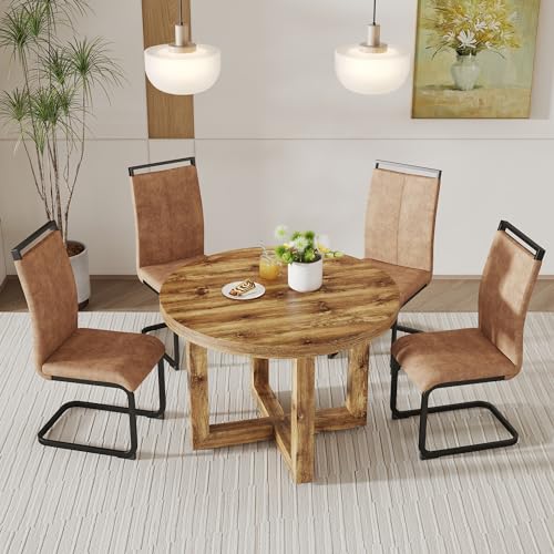 Round Dining Table Set for 4, Modern Kitchen Table and Chairs Set for 4 Wood Dining Set Reception Table Set Upholstered Chair for Dining Room (Brown-B, Wood Table + 4 Chairs)