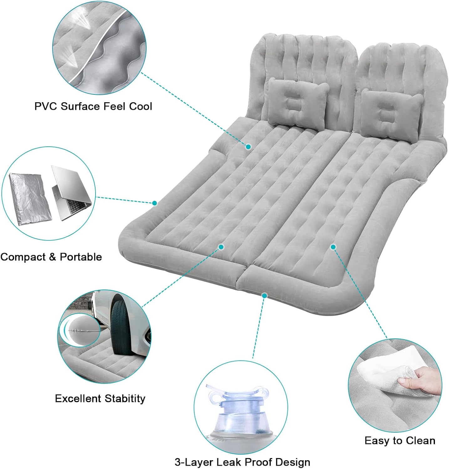 Car Air Mattress,Car Bed,SUV Air Mattress Car Camping with Electric Pump and 2 Pillows, Car Inflatable Mattress- Flocking & PVC Surface,Car Sleeping Bed for Home, Outdoor and Travel(Gray)