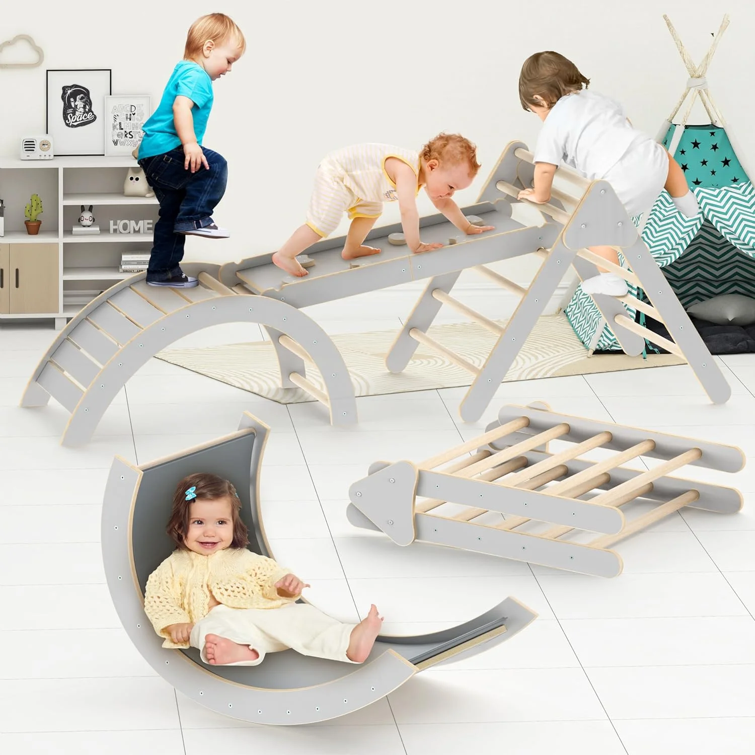 Climbing Toys for Toddlers 1-7 Inside, 26.5 in Tall Wooden Toddler Climbing Toys Indoor, Montessori Climbing Pikler Triangle Set with Mat, Jungle Gyms Climbing for Toddlers, Baby Climbing Gym - Curated Treasures Market
