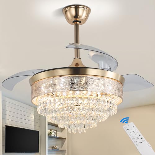 42'' Dimmable Fandalier Crystal Ceiling Fans LED Retractable Ceiling Fandeliers Chandelier with Light and Remote Ceiling Fan for Bedroom, APP & Memory Function, 6 Speeds
