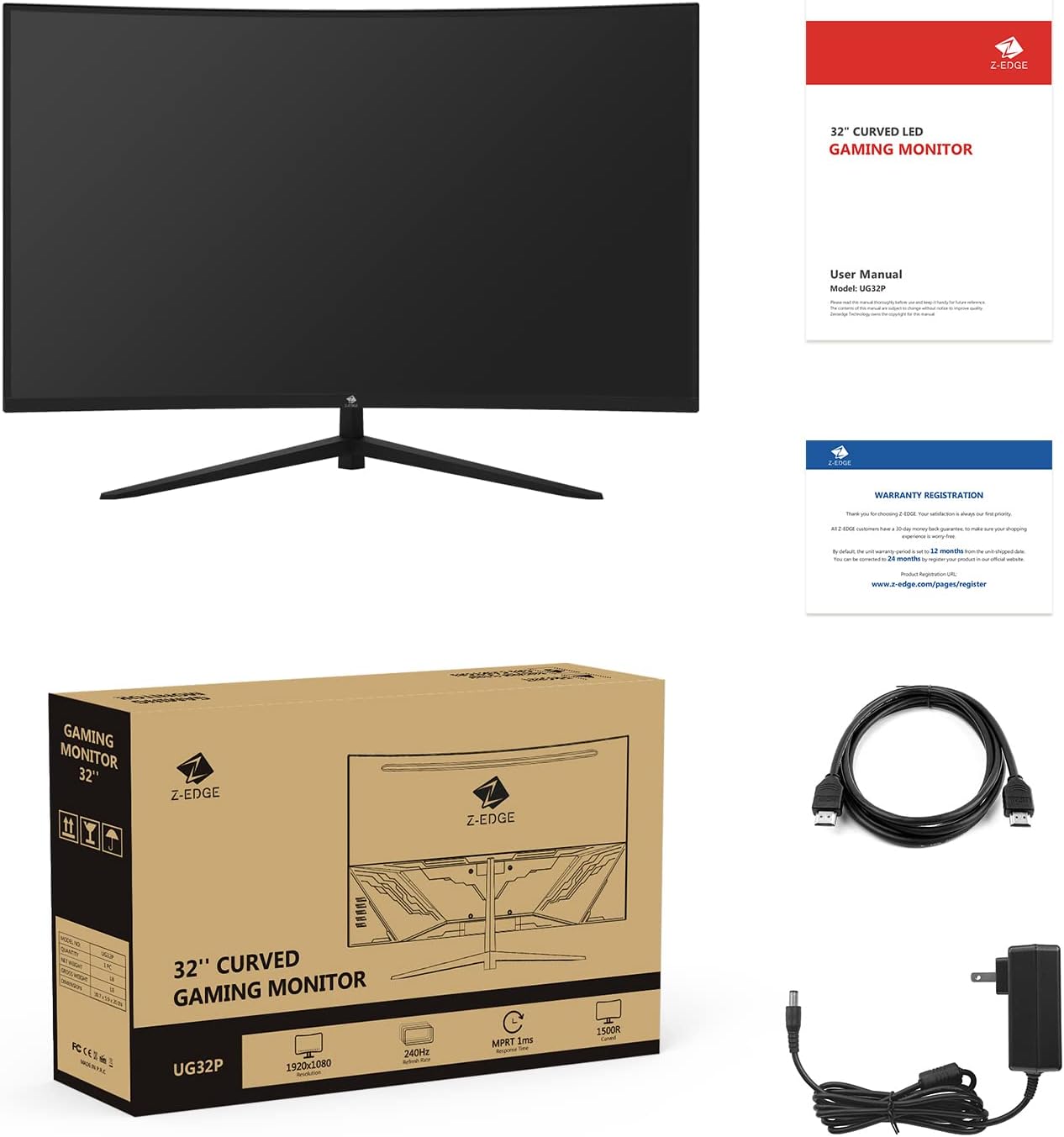 Z-Edge UG32P 32-inch Curved Gaming Monitor 16:9 1920x1080 240Hz 1ms Frameless LED Gaming Monitor, AMD Freesync Premium Display Port HDMI Build-in Speakers