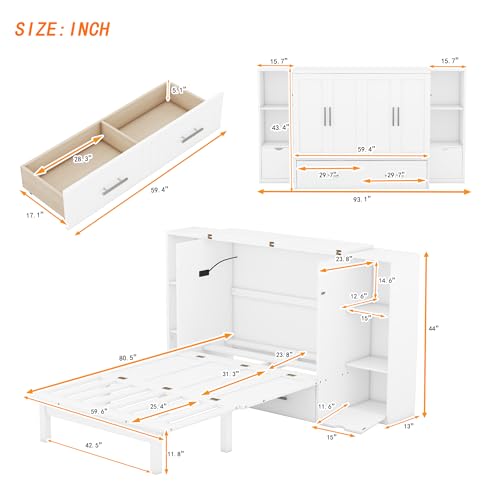 Full Size Murphy Wall Bed With Storage and Bookcase Headboard, Solid Wood Cabinets With Shelves, Drawers and USB Ports, Multi-Function Platform for Home Office, Guest Room - White