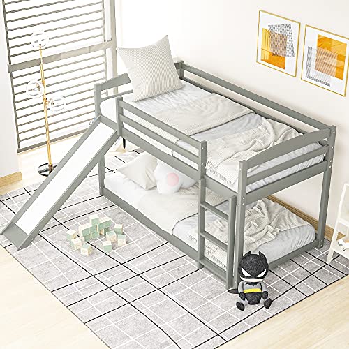 Twin Over Twin Bunk Bed with Convertible Slide and Ladder,Solid Pinewood Bed Frame, Low Bunk Bed with Safety Guardrails, Suitable for Kids Teen, No Box Spring Needed, White