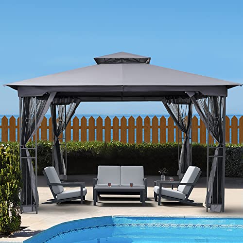 HAPPATIO 10' X 12' Outdoor Patio Gazebo, Outdoor Canopy Gazebo for Garden,Yard,Patio with Ventilation Double Roof with Mosquito Netting,Dark Brown