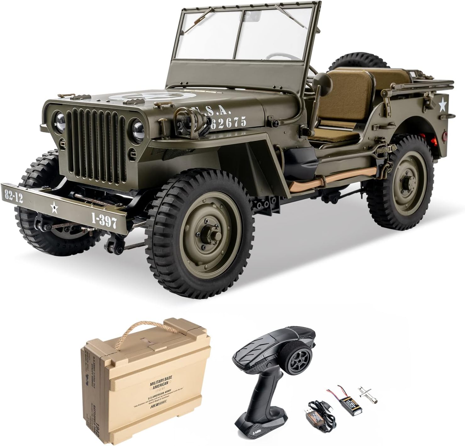 RocHobby 1/12 1941 MB Scaler RC Jeep, 4x4 Hobby Grade RTR RC Car Mini RC Rock Crawler Military, 2.4Ghz RC Truck with 180 Brushed Motor, LED Lights, Battery and USB Charger for Adults
