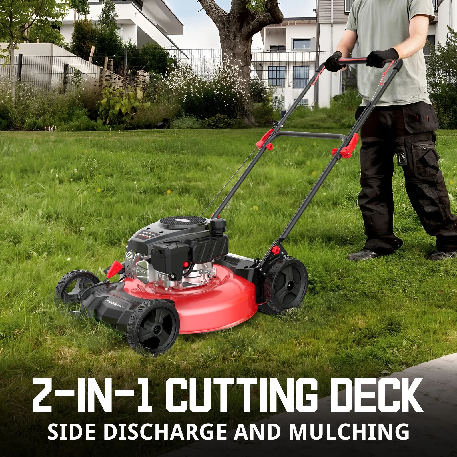 PowerSmart Gas Lawn Mower, 21 inches 144cc 2-in-1 Walk-Behind , Side Discharge Push Lawn Mower