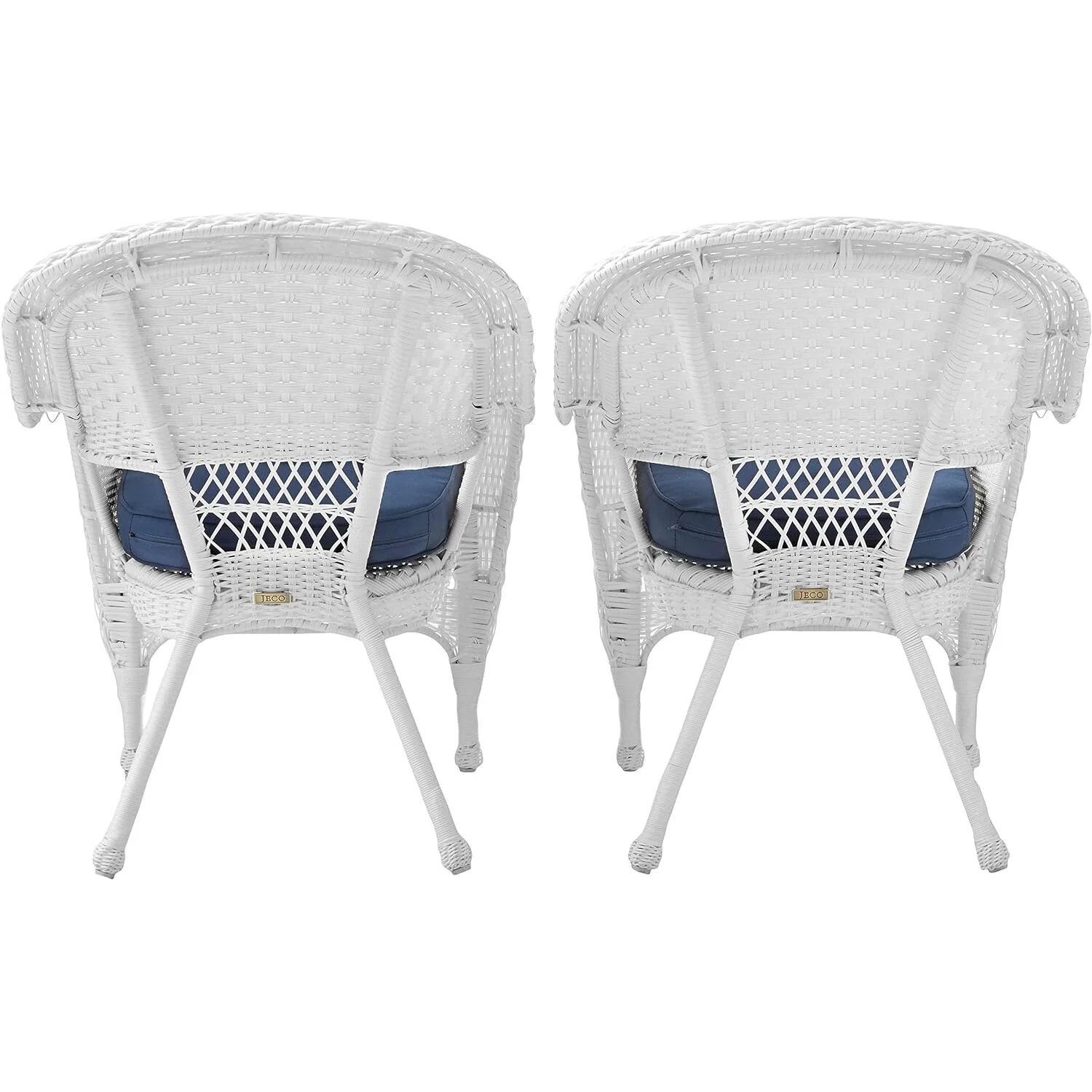 Jeco White Wicker Chair with Blue Cushion - Set of 2