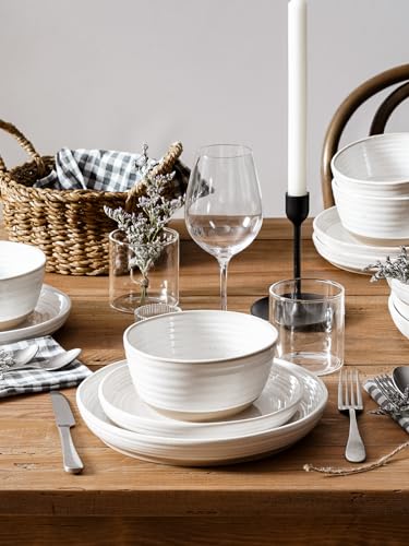 LE TAUCI Dinnerware Sets 16 Piece, Stoneware Plates and Bowls Set, House Warming Wedding Present, Serve for 4 (10" Dinner Plates + 8" Salad Dish + 28 oz Cereal Bowl+12oz coffee mugs) x 4, Arctic White