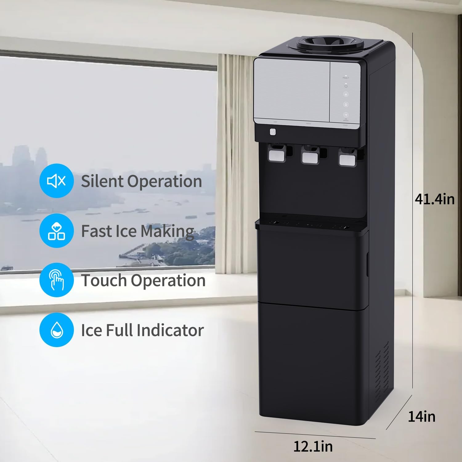Water Cooler Dispenser with Ice Maker - Top Loading Water Dispenser 3 or 5 Gallon - 3 Temperature Setting - 27 lbs in 24 hrs - 9 Ice Cubes Per 5-7 Mins - Child Safety Lock Black