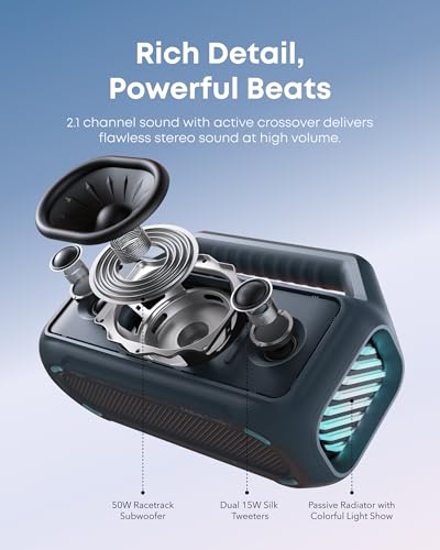 soundcore Boom 2 By Anker, Outdoor Speaker, 80W, Subwoofer, BassUp 2.0, 24H Playtime, IPX7 Waterproof, Floatable, RGB Lights, USB-C, Custom EQ, Bluetooth 5.3, Portable for Camping, Beach, and Backyard