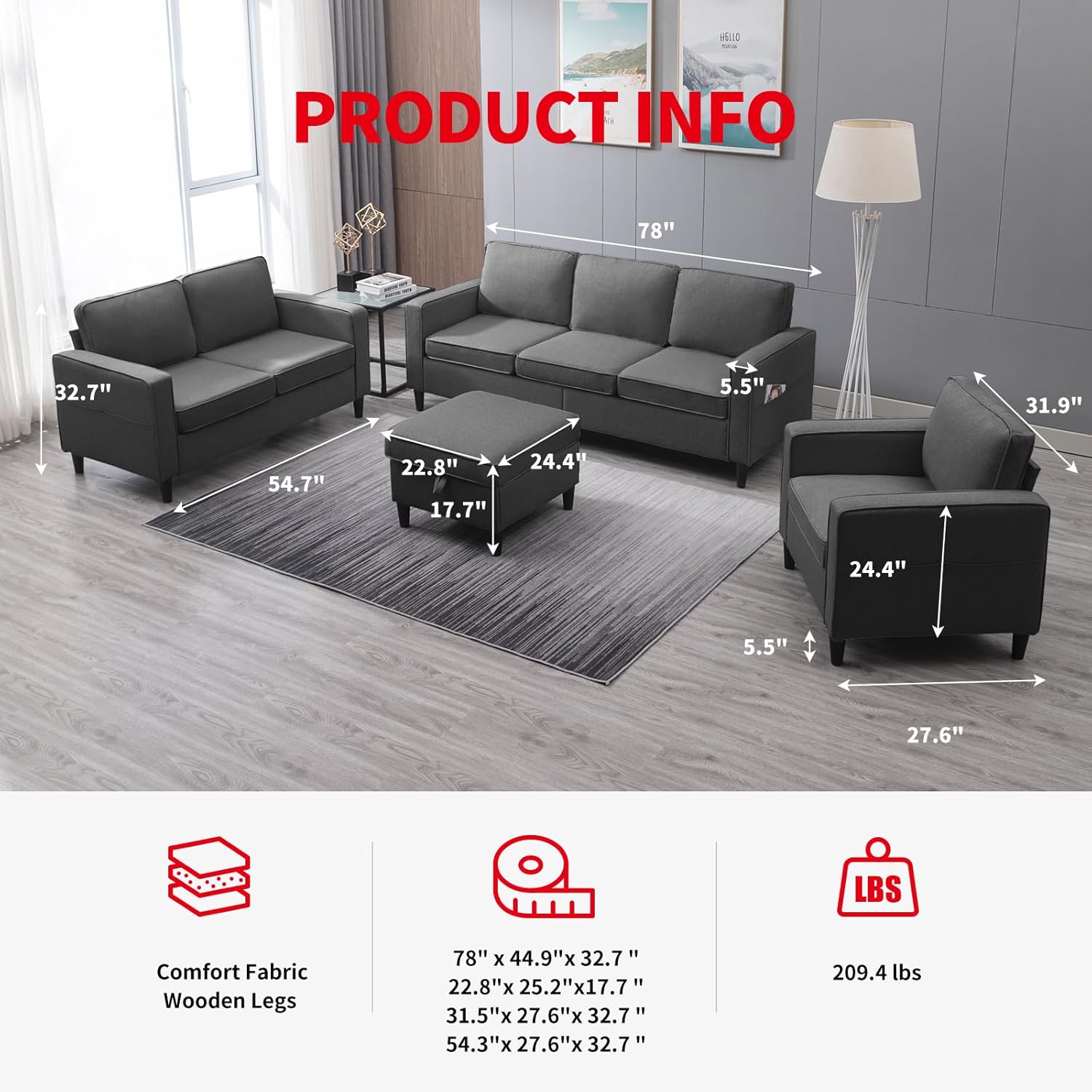 3 Piece Sofa Set Living Room Furniture Sets, Convertible Sectional Sofa Couch with Storage Ottoman, Modular Sectional Couch for Living Room,3-Seat Sofa +Ottoman+Loveseat+ Armchair (Dark Gray)