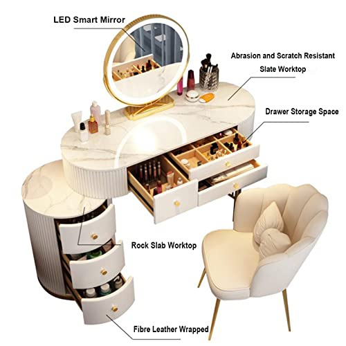 QQXX Makeup Vanity Set with 3 Color Lighted Mirror,Luxury Makeup Vanity Table with Drawers and Side Cabinet,Modern Bedroom Dressing Table with Cushioned Stool(39inch, Gray)