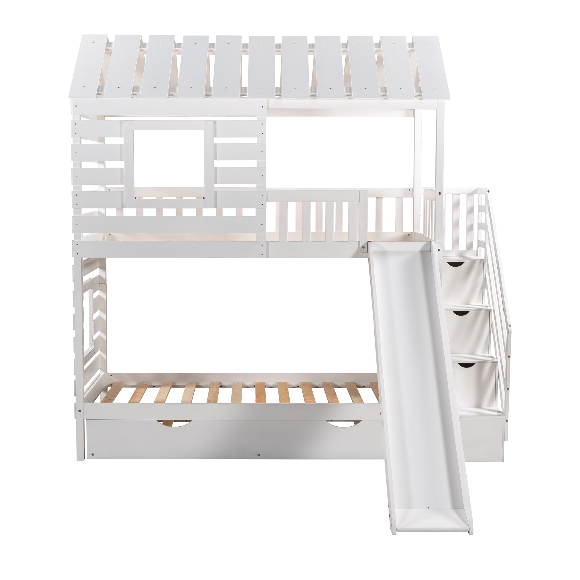 Stairway House Bed Solid Wood Twin over Twin Bunk Bed with Trundle and Slide, Storage Staircase, Roof and Window Design for Toddler Kids Teens