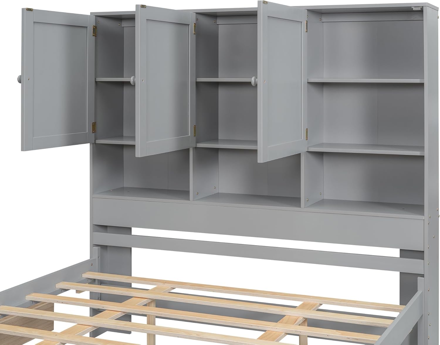 Queen Size Bed Frame, Wooden Platform Bedframe with Storage Headboard, 4 Drawers and Cabinets, No Box Spring Needed, Gray