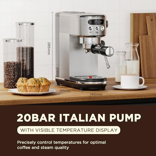 Neretva 20 Bar Espresso Machine, Super Compact Espresso Maker with LED Display & Milk Frother for Home Barista Stainless Steel Professional Coffee Machine Espresso Latte and Cappuccino Maker