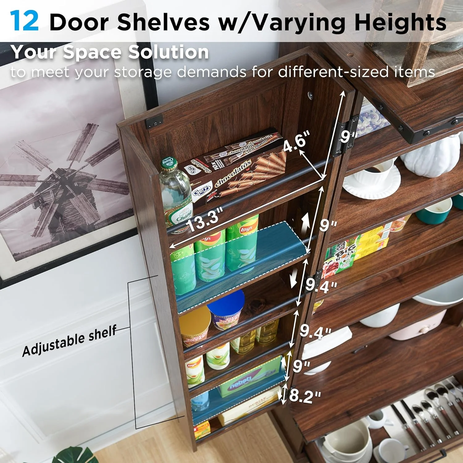 ACCOHOHO Farmhouse 72" Tall Kitchen Pantry Cabinet with 2 Doors, Large Drawer Shelves Wood Storage Cabinet for Dining Room Living Room, Brown