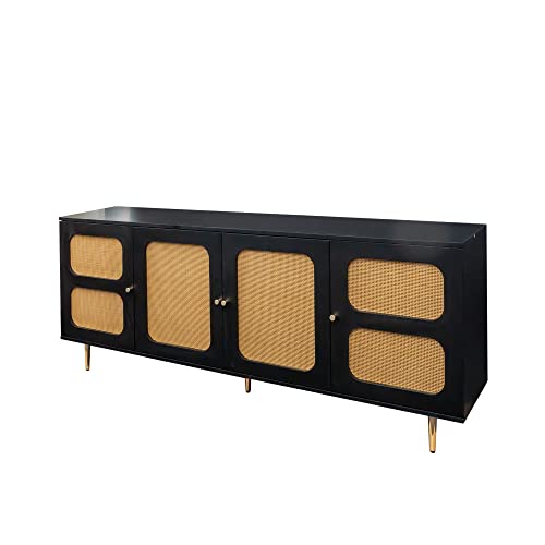 Sideboard Buffet Cabinet with Natural Rattan Doors＆Adjustable Shelf, Rattan TV Stand, Rattan Entertainment Center Console Table Accent Cabinet for TV's up to 55” for Living Room (57”, Wood)