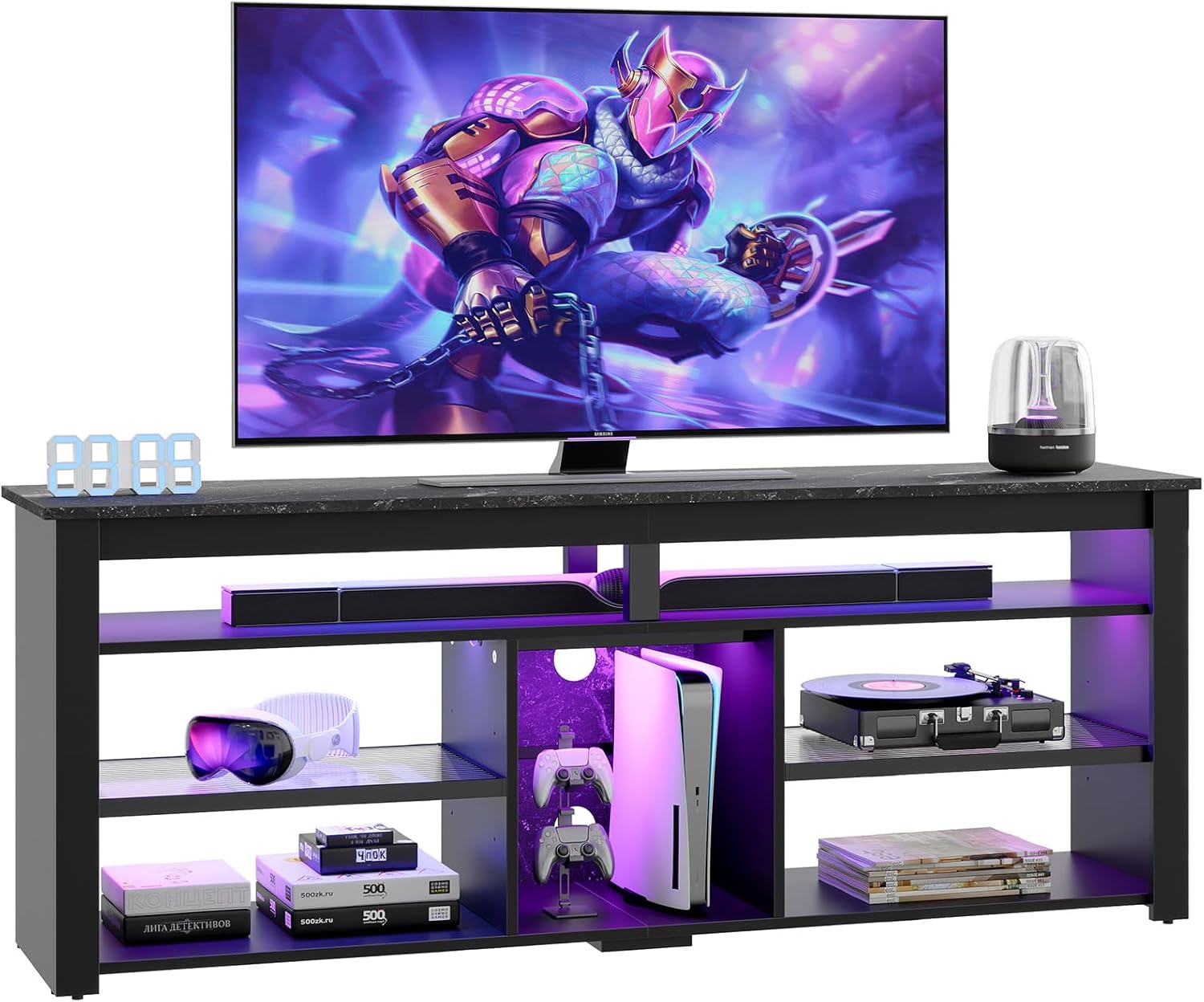 Bestier TV Stand for 65/70 inch TV, Tall Entertainment Center with 2 Led Lights, Gaming TV Console with Storage for PS5, Modern TV Cabinet for Bedroom, Living Room, Black Marble