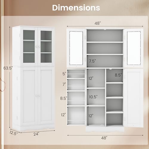 LOKO 63.5" Tall Kitchen Pantry Storage Cabinet, Utility Food Buffet Cabinet with Glass Doors, Storage Shelves, Door Racks, Freestanding Cupboard for Dining Room, Living Room (White)
