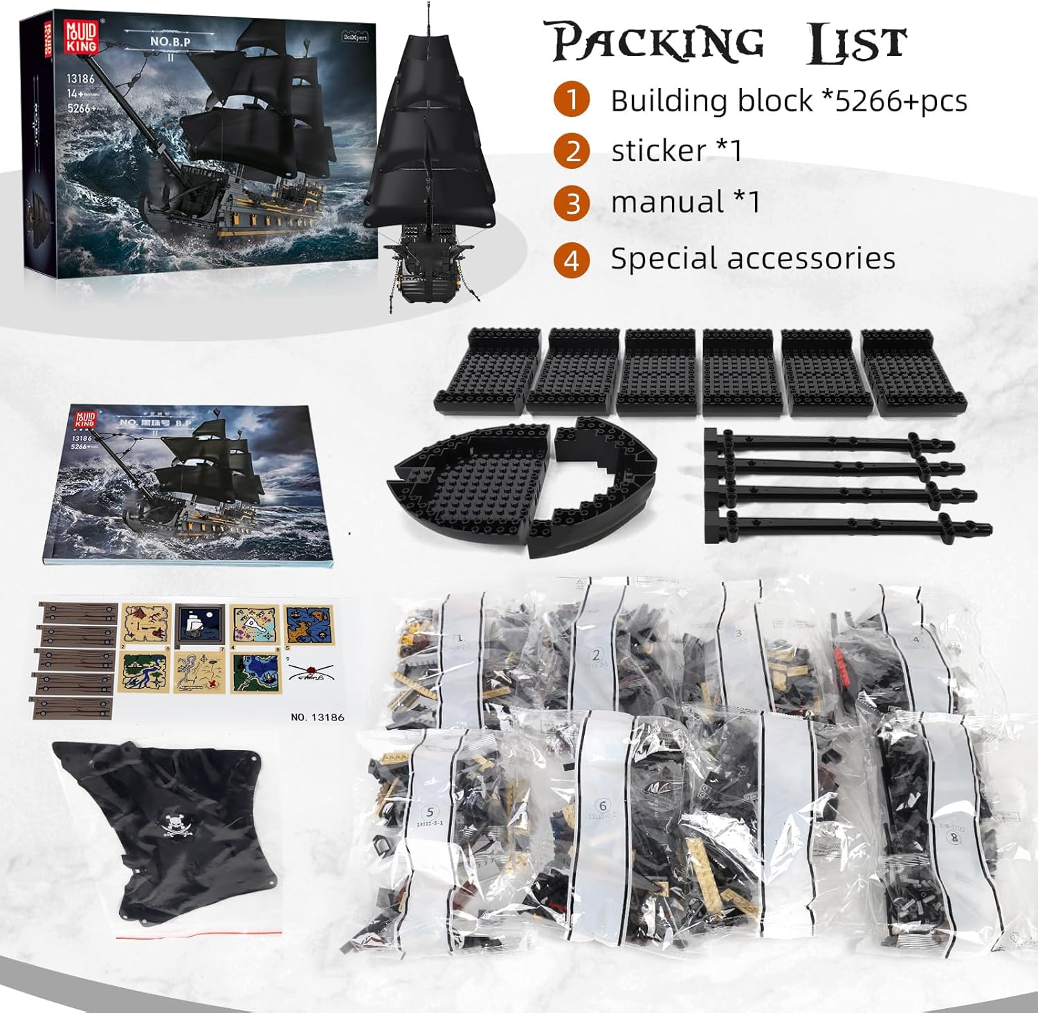 Mould King 13186 Pirates Ship Model Building Blocks, MOC Black Pearl Sailboat Model Construction Set to Build, Boat Model Kits Assembly Toy for Great Gift and Collections (4794 Pieces)