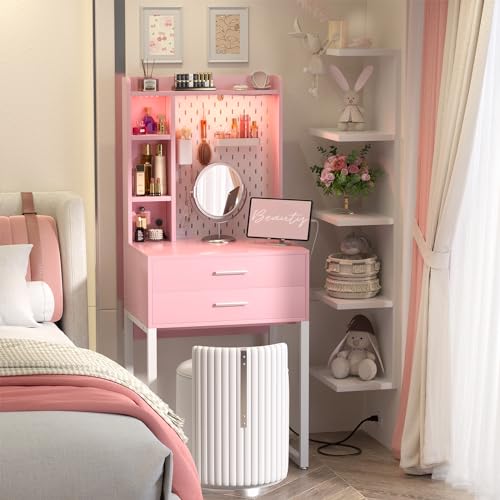 Small Vanity Desk with Hutch and Drawers, Pink Makeup Vanity Desk with Charging Station, Vanity Table Dressing Table with LED Lights, Vanity Desk No Mirror with Pegboard for Girls Women, 24"
