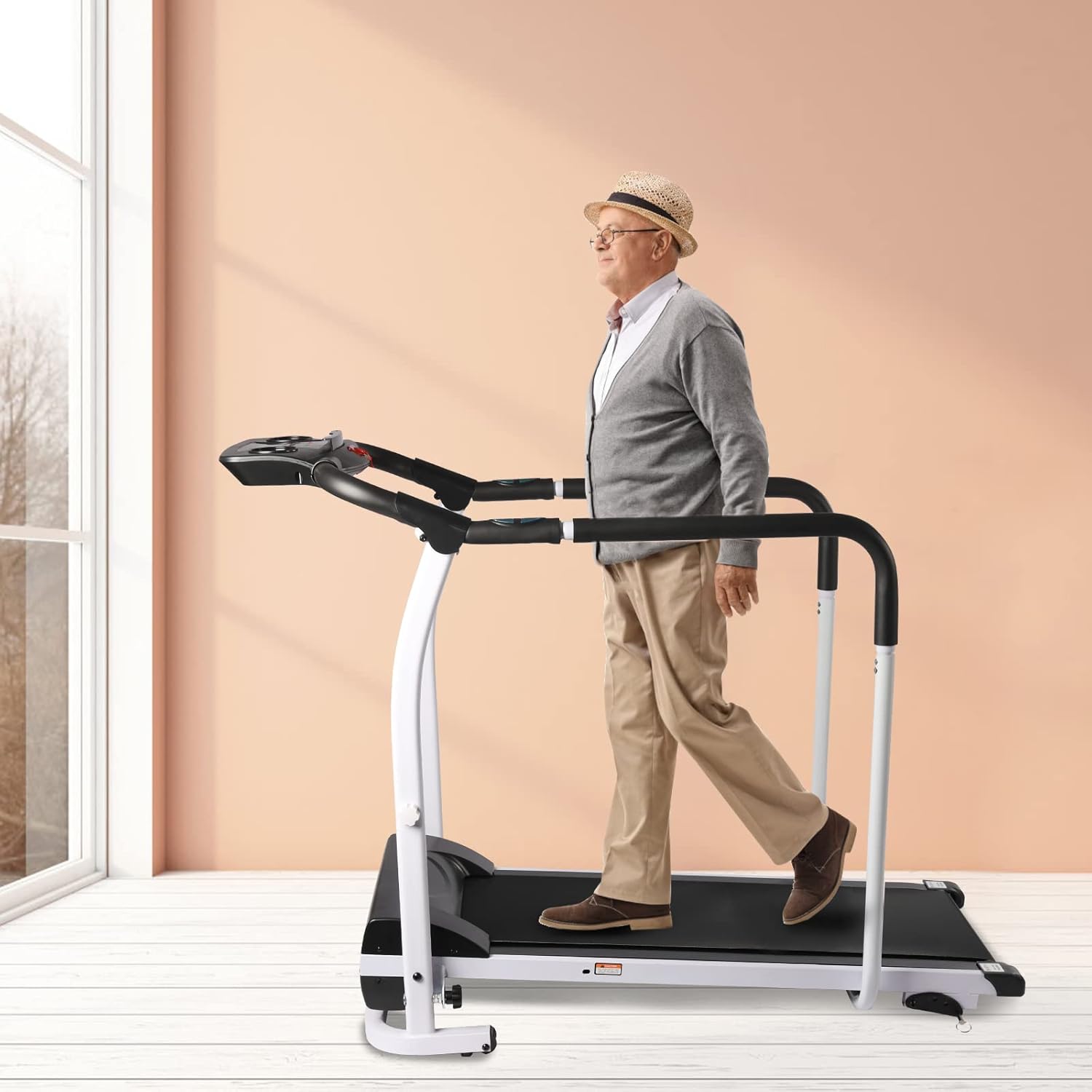 Walking Treadmill with Long Handraill for Balance, Walking Treadmill for Senior, Recovery Fitness Exercise Machine Foldable for Home use with Holder for Phone & Cup,LCD Display, 220 lbs Capacity