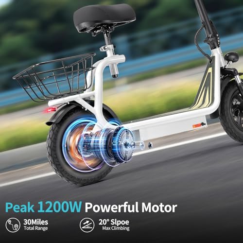 Caroma Peak 800W/1200W Electric Scooter Adults, 30 Miles Max Range, Foldable Electric Scooter with Seat, Front Suspension, Detachable Large Basket,Commuter E-Scooter for Adult and Teens