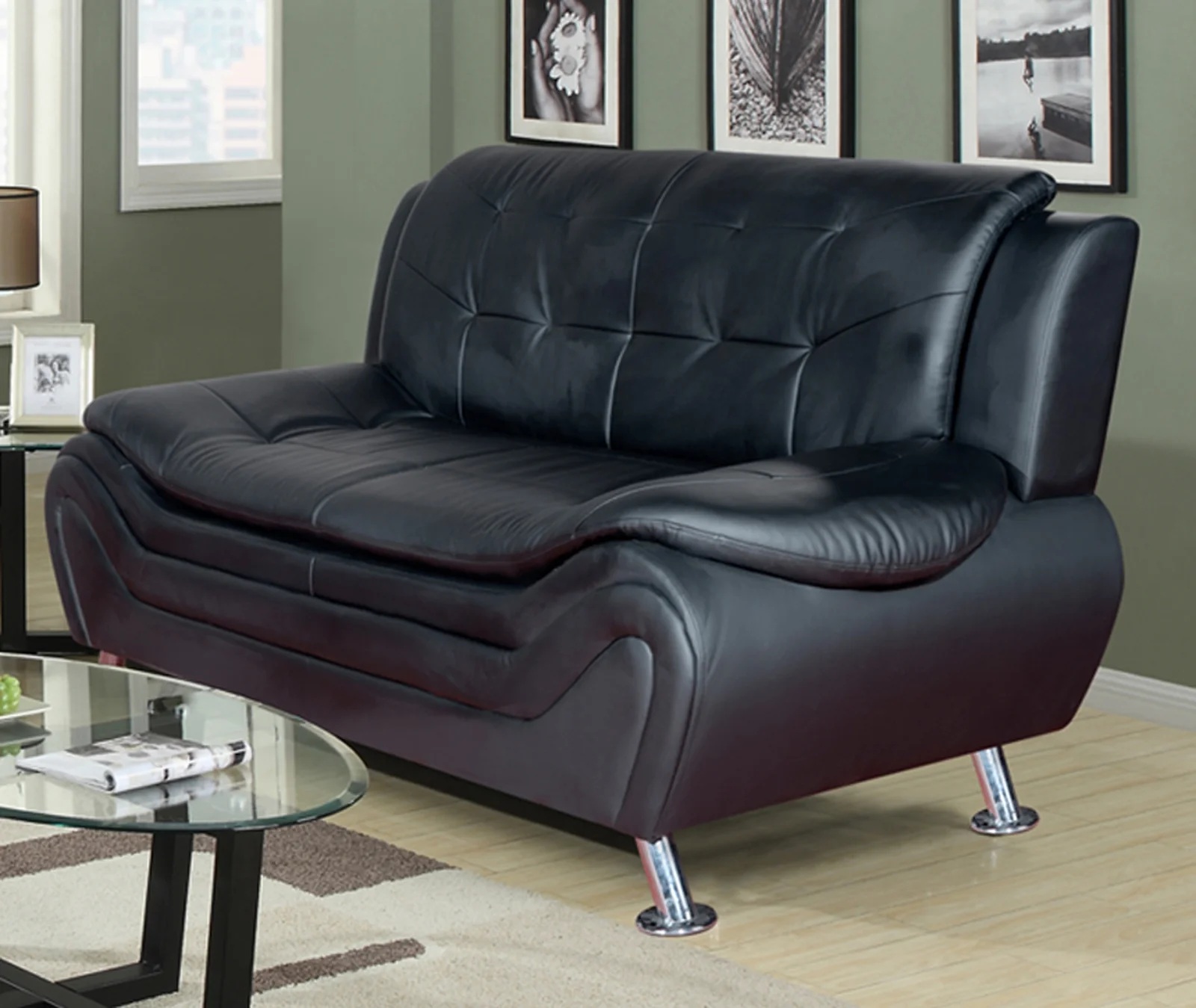 Frady Black Faux Leather Modern Living Room Sofa