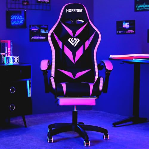 HOFFREE Gaming Chair Massage with Bluetooth Speakers and Led Lights Ergonomic Computer Gaming Chair with Footrest RGB Video Game Chair with High Back Lumbar Support Blue and Black