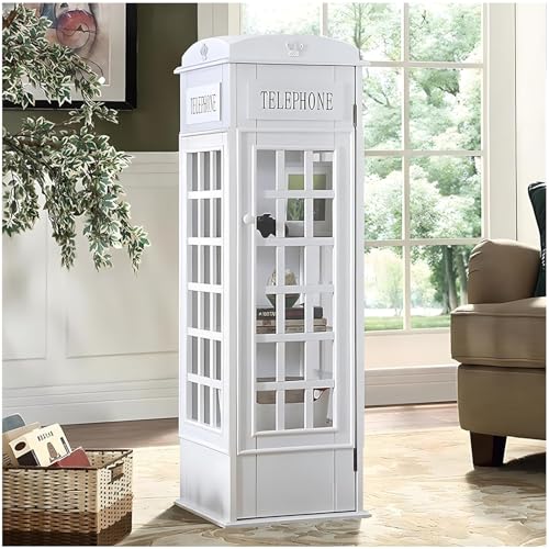 Telephone Booth 5-Tier Wooden Bookcase Freestanding CD Storage Cabinet Living Room Display Bookshelf with Front Door, 44.5" H x 14.4" W x 14.4" D (Off White)