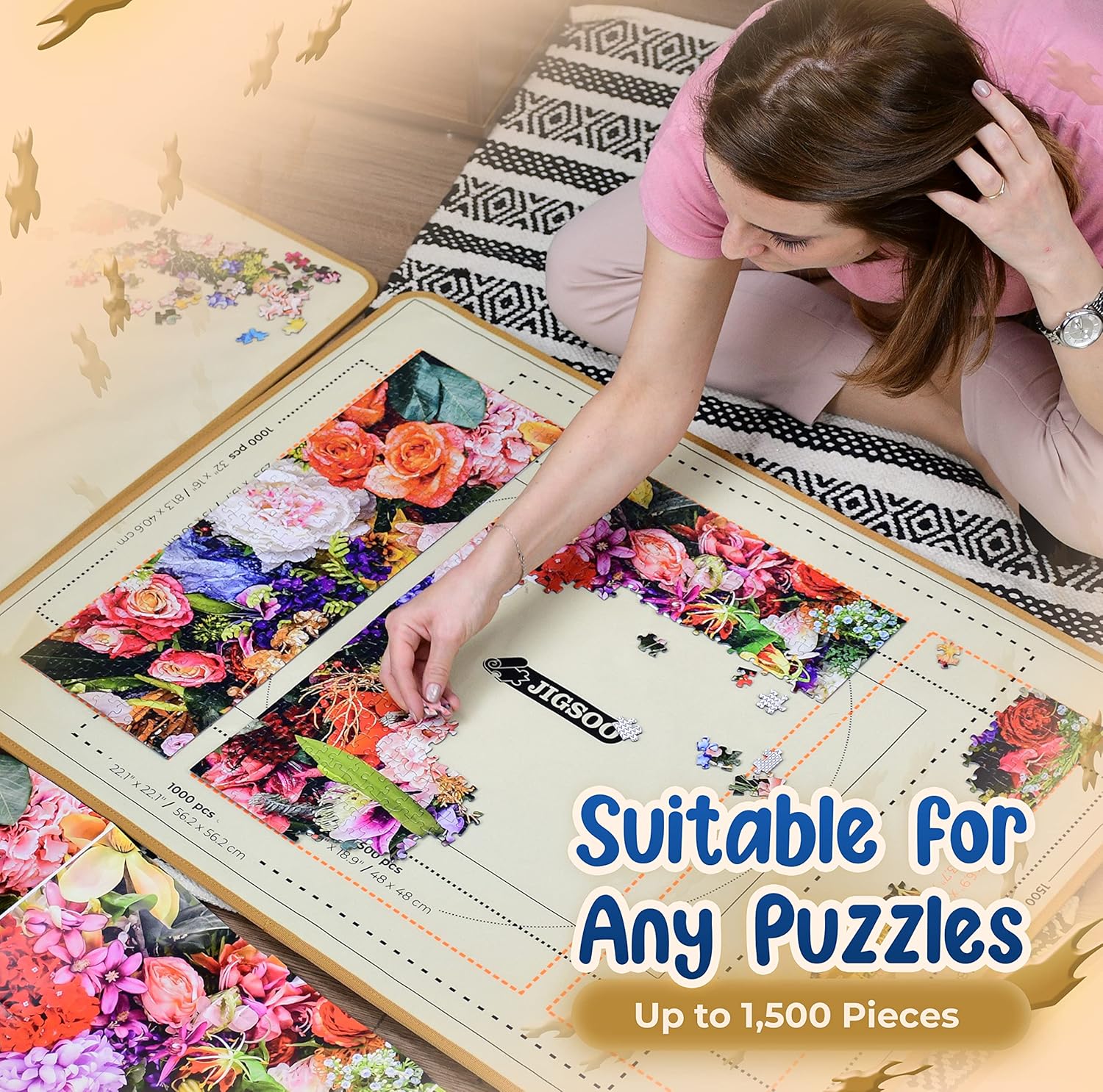 Jigsoo Portable Jigsaw Puzzle Case - 1500 Pieces Jigsaw Organizer Puzzle Storage with Central Board and 2 Sorting Trays - Practical Puzzle Saver with Shoulder Strap, 2 Handles & Velcro Closure Keeper