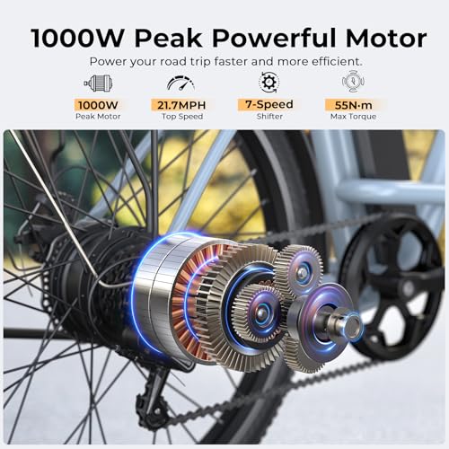 Electric Bike for Adults, 1000W Peak Ebike, 21.7MPH 50Miles City Cruiser Ebikes, 26" Step Thru Electric Bicycle with 48V Removable Battery, Adjustable Stem, Rear Rack, Front Suspension,7 Speed