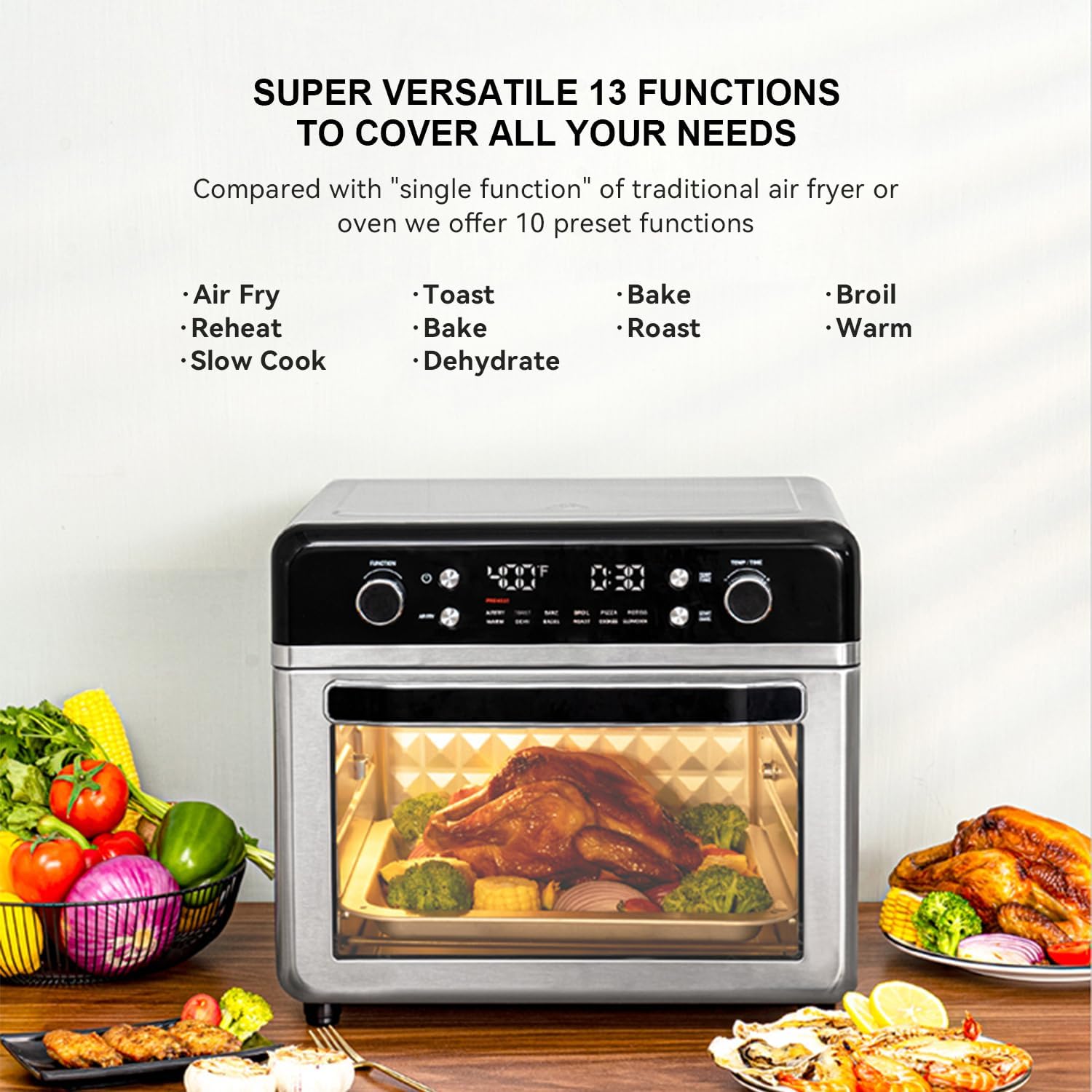 Large27.5QT 12-in-1 Smart Air Fryer Toaster Oven - Multifunctional Convection Countertop Oven Included Accessories and Authentic Chef Recipe Guide
