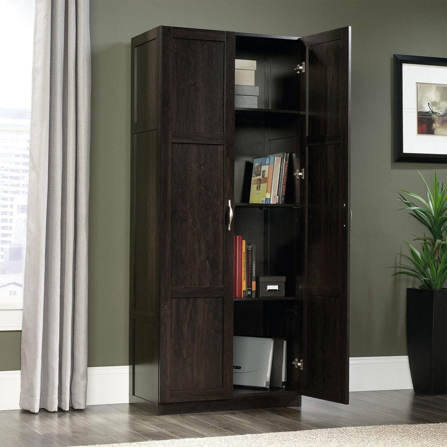 Dark Brown Tall 2 Door Pantry Cabinet Organizer Storage Cupboard Ample Shelves Utility Drawer Towel Shelf Shelving Bedroom Kitchen Home Office Furniture Wood 29.6" L x 16" W 71.5" H