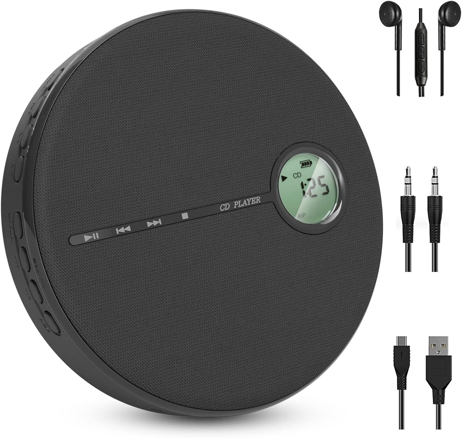 Newest CD Player Portable, WOKALON Rechargeable CD Player with Bluetooth, Anti-Skip CD Player with Speakers for Car, Walkman CD Player with Headphones and AUX Cable, 2000mAh Battery (Black)