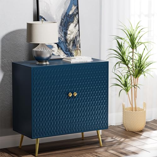 Buffet Cabinet with Storage, Blue Accent Cabinet with Carved Texture, Sideboard Buffet Cabinet with 2 Doors and Shelves, Modern Credenza Storage Cabinet for Living Room