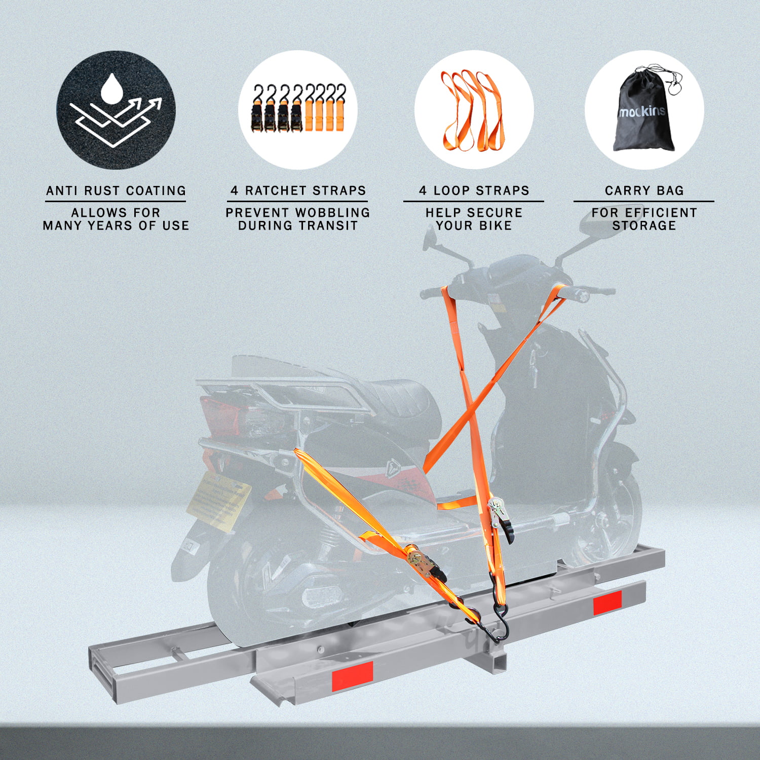 Mockins 73" Stainless Steel Dirt Bike Hitch Mount Hauler with Ramp and Accessories - Rust Proofed Hitch Carrier Supports 500 lbs.