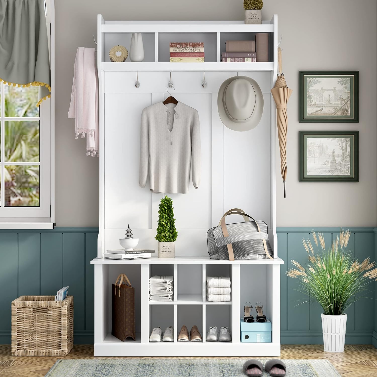 Hall Tree, Entryway Bench with Coat Rack and Shoe Cabinet, 3-in-1 Design with Coat Rack and 6 Hooks for Entryway, Hallway, White