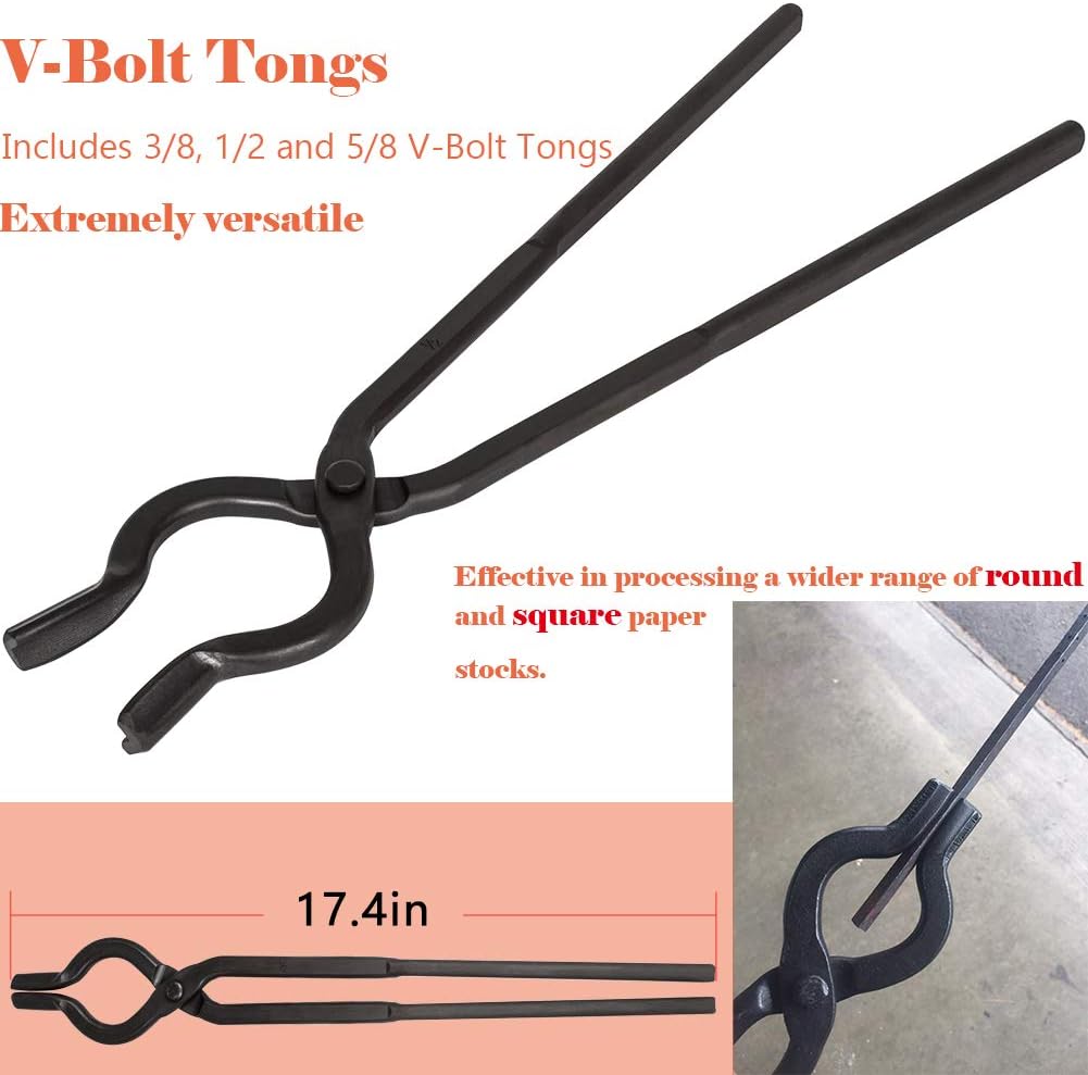 Beginner blacksmith tongs Blacksmith Forge Tong Tools Set Includes 1/4 Flat Jaw, Pick Up, Scroll, 3/8 1/2 5/8 V-Bit Tongs (6 Piece)