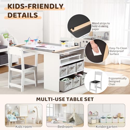 Kids Art Table and Chairs Set, Living and Learning Kids' Art Table and Stool Set with Large Storage Desk and Portable Art Supply Organizer, Kids Activity Table, Drawing and Painting Desk