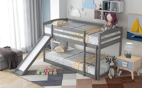 Twin Over Twin Bunk Bed with Convertible Slide and Ladder,Solid Pinewood Bed Frame, Low Bunk Bed with Safety Guardrails, Suitable for Kids Teen, No Box Spring Needed, White