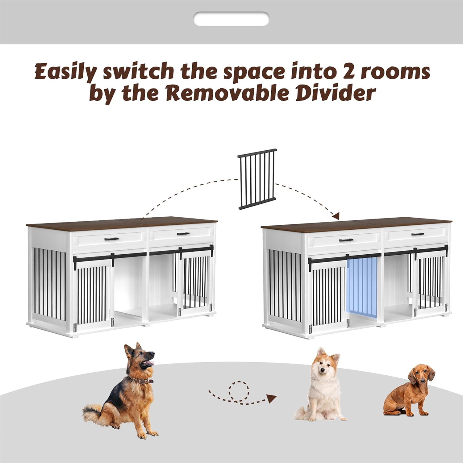 VEIKOU Dog Crate Furniture with 2 Storage Drawers, 2-in-1 Double Dog Kennel Furniture for Large Medium Small Dogs, Wooden Dog House Indoor with Removable Divider, Wide Tabletop for TV Stand, White