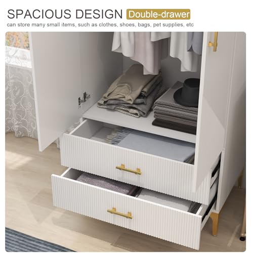 FeLeA Wardrobe Closet for Hanging Clothes, Armoire Portable Closet with Two Drawers & Hanging Rod, 2 Door Freestanding Wardrobe Cabinet for Bedroom,White,(31.5" W x 19.69" D x76.77 H)
