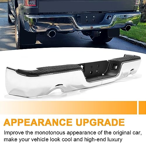 Rear Bumper Compatible with 2009-2018 Dodge Ram 1500, 2019 Ram 1500 Classic, Step Bumper with Parking Sensor Hole&Vent Hole, Chrome Bar Assembly (Model B)