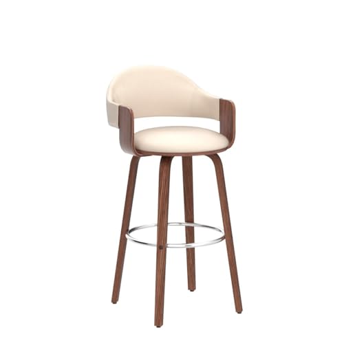 Armen Living Daxton Mid Century Modern Swivel Bar Stool for Kitchen Island Counter in Cream Faux Leather and Walnut Wood, 26" Seat Height