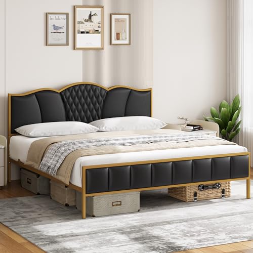 Bed Frame, King Bed Frame and Headboard, Platform Bed, Faux Leather, Metal Frame, Tufted Modern No Box Spring Needed, Strong Wooden Slats, Gold and Black