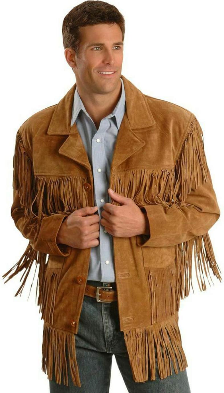 Men's Traditional Cowboy Western Leather Jacket Brown Coat with Fringe Native American Jacket Suede-L